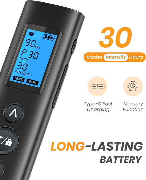 30 Modes TENS EMS Unit - Compact Muscle Stimulator for Pain Relief, Rechargeable & Portable with 30 Intensity Levels