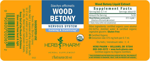 Herb Pharm Certified Organic Wood Betony Liquid Extract, 1 Ounce (DWOOD01)