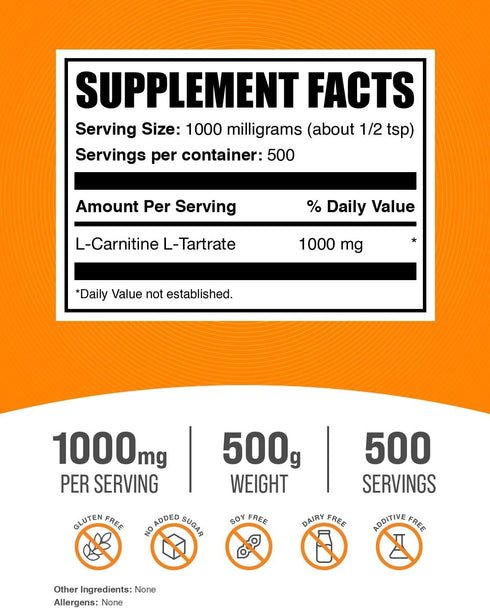 BulkSupplements.com L-Carnitine Tartrate Powder - Unflavored, Gluten Free, 1000mg per Serving