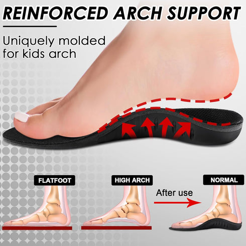 ROCKTAKIN Kids Arch Support Shoe Insoles, Plantar Fasciitis Orthotic Inserts Strong Support for Children's High Arch