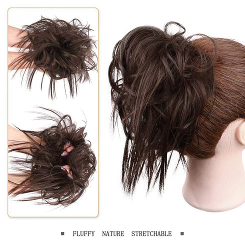HMD Darkest Brown Tousled Updo Messy Bun Hair Piece with Elastic Rubber Band