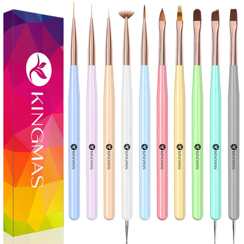 KINGMAS 10Pcs Nail Art Brushes, Nail Gel Polish Painting Brush, Nail Liner Brush and Dotting Pen for DIY Manicure