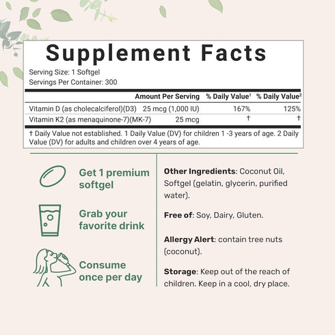 Micro Ingredients Vitamin D3 1,000 iu Plus K2 (MK-7) 25 mcg, 300 Virgin Coconut Oil Softgels | 2 in 1 Vitamins D & K Complex | Ideal Potency for Kids & Pregnant Women – Easy to Swallow