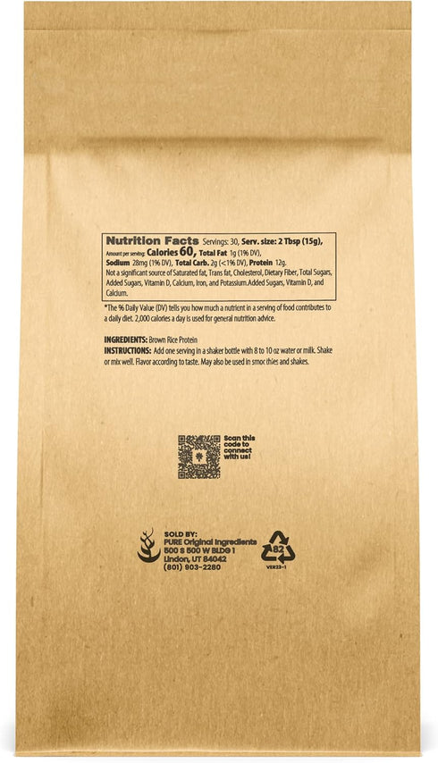 PURE ORIGINAL INGREDIENTS Brown Rice Vegan Protein Powder (1 lb) Sprouted Brown Rice, Gluten Free, Shakes & Smoothies