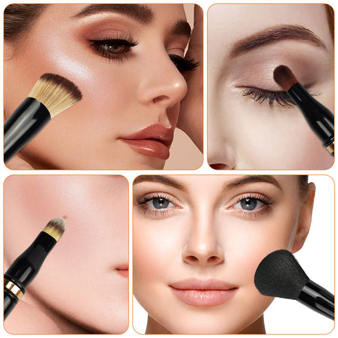 4 in 1 Travel Makeup Brush Set with Case, Powder, Foundation/Blush, Eyeshadow, Concealer Brushes, Double Ended