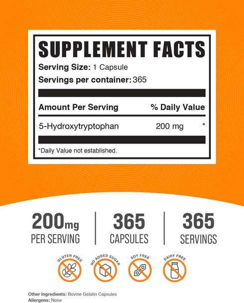 BulkSupplements.com 5-HTP Capsules, 200mg 5-Hydroxytryptophan Supplement, Gluten Free, 365 Capsules per Pack
