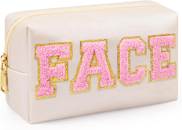 Preppy Makeup Bag, Synthetic Leather Cosmetic Bag with FACE Chenille Letter, Gift for Girlfriend, Wife, Daughter, or