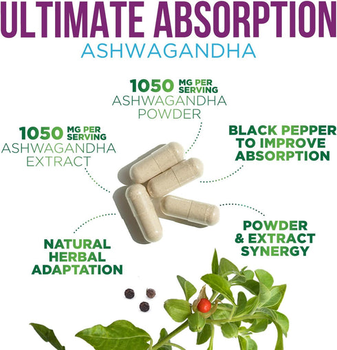 Nature's Strength 60 Ashwagandha Supplements - High-Absorption Ashwagandha Root Extract Powder with Black Pepper