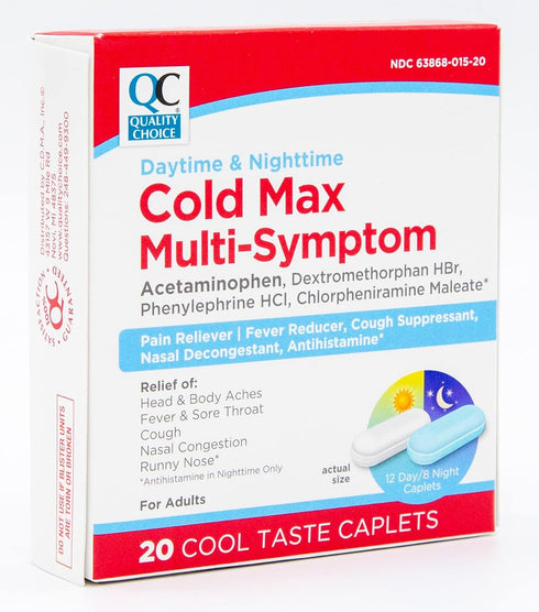 Quality Choice Day & Night Cold Max Multi-Symptom, Cold & Flu Medicine, Pain Reliever, Fever Reducer, Cough Suppressant, Nasal Decongestant, 24 Hour Relief Cool Taste Caplets