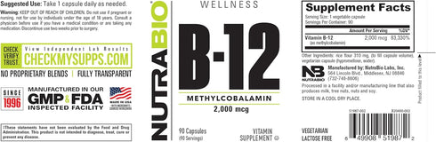 NutraBio Methyl B-12 Vitamin Supplement, 2000mcg - 90 Vegetable Capsules for Cellular Health and Wellness