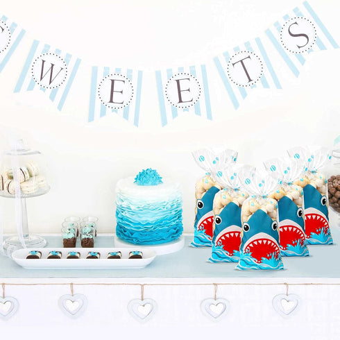 100 Pieces Shark Party Bags - 12.5 x 27.5 cm Plastic Candy Bags with 100 Silver Twist Ties for Summer Ocean Party