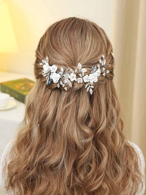 Unicra Flower Silver Bride Wedding Hair Vine - Pearl Bridal Hair Piece with Blue Rhinestone