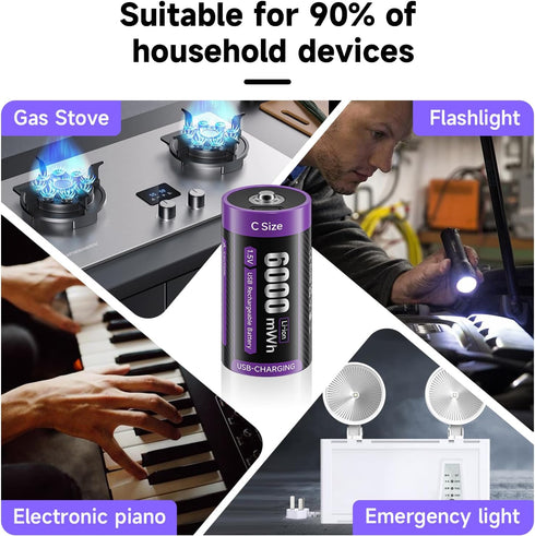 Mspalocell 2 Pack, 1.5V 6000 2 1 Rechargeable C Lithium Batteries Li-ion mWh C Cell Batteries with in Type-C Charging