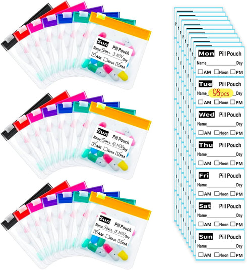 NCGDPZY Reusable Travel Pill Organizer with 98 Labels - Leakproof Silicone Seal &