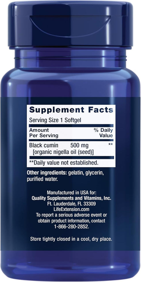 Life Extension Black Cumin Seed Oil, black cumin, immune health support, whole-body health, healthy aging, gluten free, non-GMO, 60 softgels