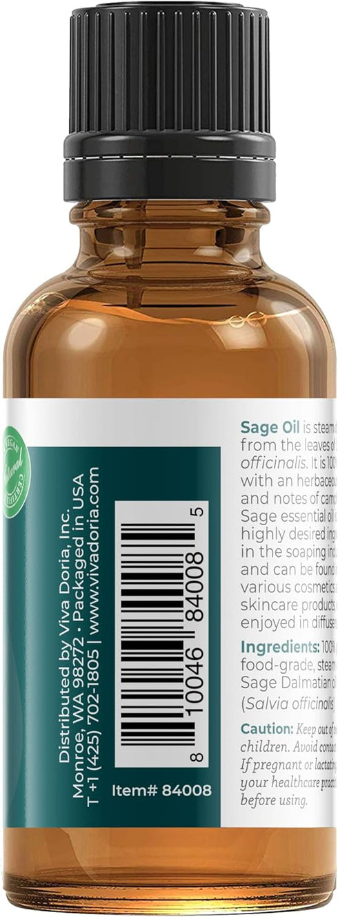 Viva Doria 100% Pure Sage Essential Oil, Undiluted Food Grade Oil, 1 Fluid Ounce (30 mL) Natural Aromatherapy Oil