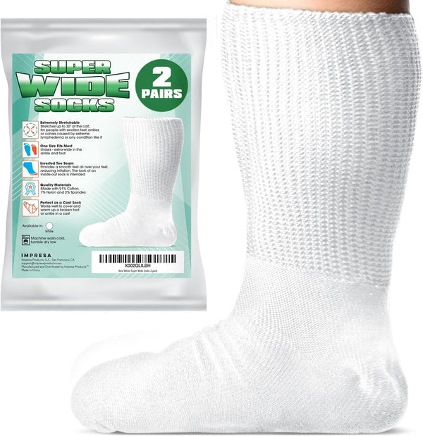 IMPRESA 2-Pair Extra Wide Unisex White Socks for Lymphedema & Bariatric Use, Oversized Calf Socks for Men & Women