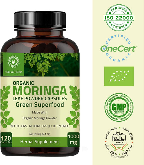 Organic Moringa Capsules 120 Capsules 1000mg – Nutrient-Rich Superfood for Energy, Metabolism & Immune Support |
