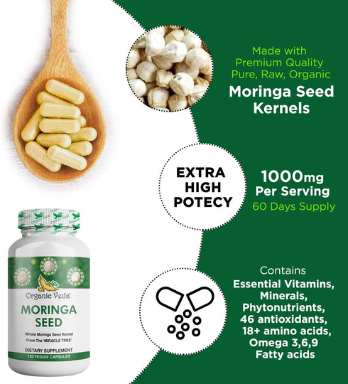 Organic Veda Moringa Seed Capsules - 1000mg Natural Moringa Seed Powder, Nutrients, Antioxidants, 120 Count