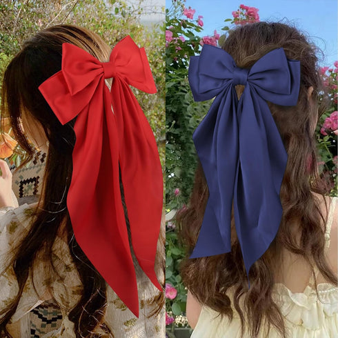 Wecoe 4pcs Big Hair Bows for Women, Cute Large Satin Hair Barrettes in White, Black, Navy Blue, Red