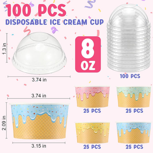 Jingmore 100 Count (8 oz) Paper Ice Cream Cups with Clear Dome Lids Disposable Dessert Cups Bulk Dessert Bowls Sundae