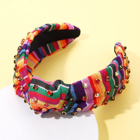 HEIDKRUEGER Knot Headband, Mexican Embroidered Fiesta Hair Accessories with Colorful Rhinestones
