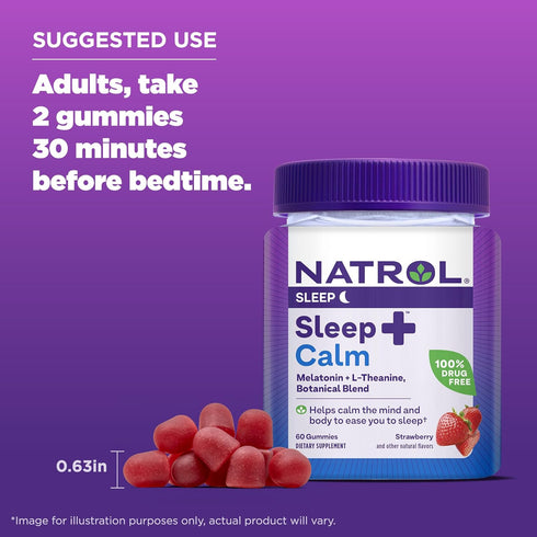 Natrol Sleep+ Calm Melatonin Gummies for Adults, Strawberry Flavor, 60 Gummies, 30 Day Supply