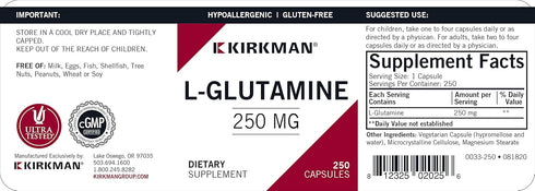 L-Glutamine 250 mg - Hypoallergenic Amino Acid | 250 Vegetarian Capsules | Gluten and Casein Free