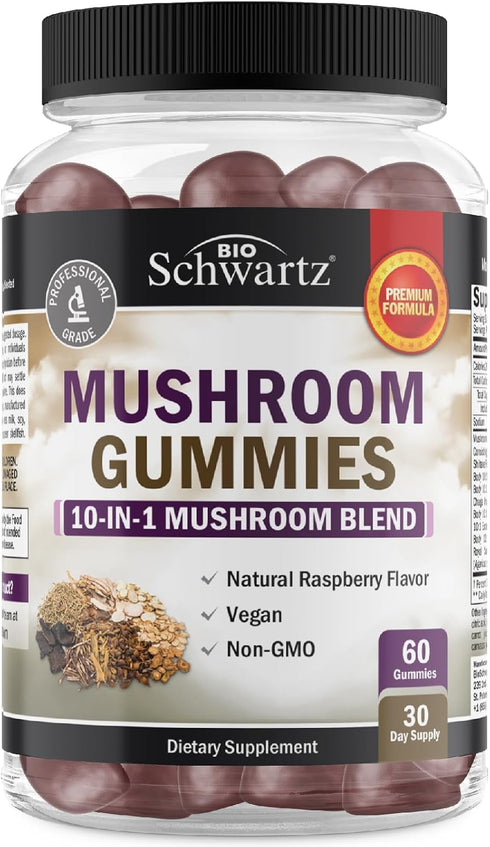 Mushroom Gummies for Adults - 10-in-1 Functional Supplement for Mood and Focus, Vegan Raspberry Flavor, 60 Count