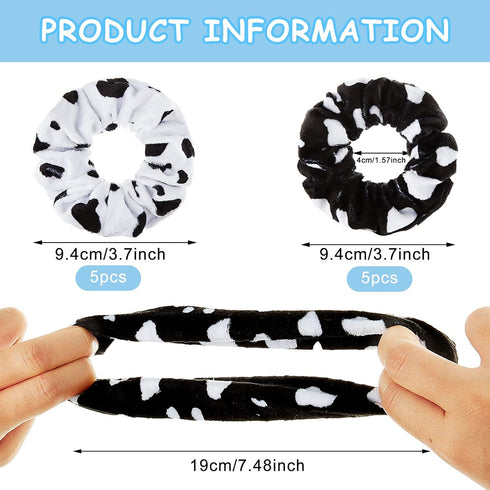 Xinnun 10 Pcs Cow Print Scrunchies, Cloth Hair Ropes for Women Girls, White and Black Hair Accessories for Cow Birthday
