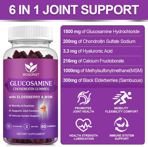 Glucosamine Chondroitin Gummies, Joint Support Supplement with MSM & Elderberry, 60 Gummies (2 Pack)