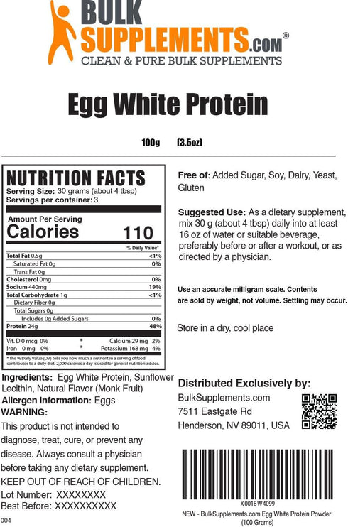 BulkSupplements.com Egg White Protein Powder - Lactose Free & Dairy Free, 30g per Serving, 100g (3.5 oz) (Pack of 1)