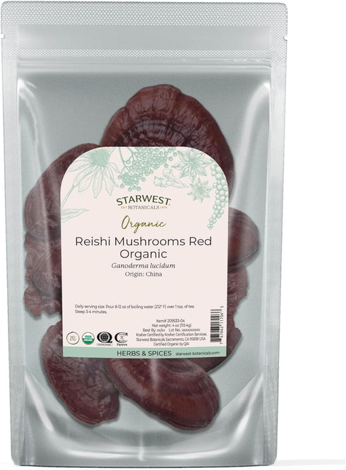 Starwest Botanicals Red Reishi Mushrooms Whole Organic, Dried Reishi Mushrooms for Herbal Tea, 4 oz Pouch
