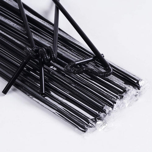 200 Pcs Individually Packaged Black Plastic Extra Long Flexible Disposable Drinking Straws (10.2" long, 0.23" diameter)