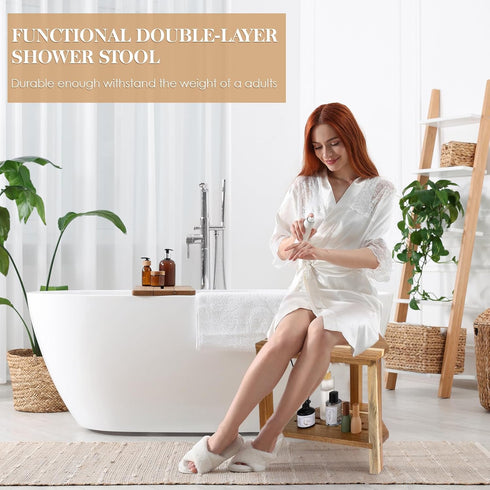 13in Kathfly Corner Shower Stool Shower Foot Stool for Shaving Legs Acacia Wood with Storage Shelf Bath Bench
