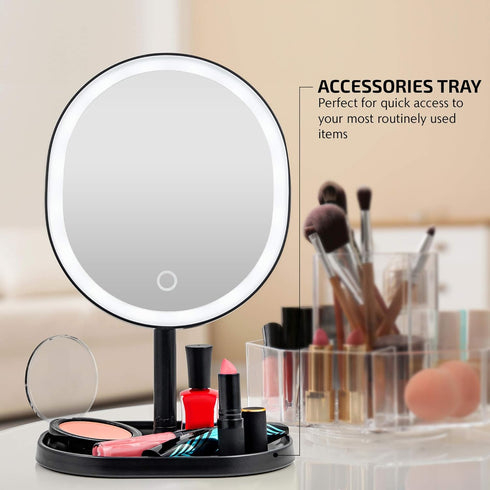 OVENTE 9" Rechargeable Lighted Tabletop Makeup Mirror, 1X Magnifying with 10X Mini Magnetic Mirror, Black