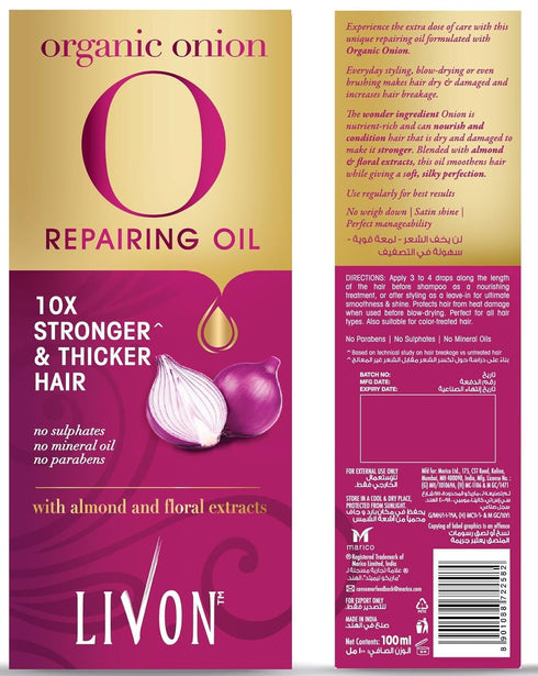 Livon Hair Serum for Men & Women, Sulphate & Paraben Free, Organic Onion Repairing Serum Oil, 3.3 Fl. oz
