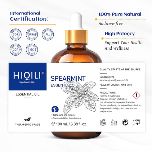 HIQILI 100ML Spearmint Essential Oil - 100% Pure Treatment Grade for Skin Care - 3.38 Fl Oz