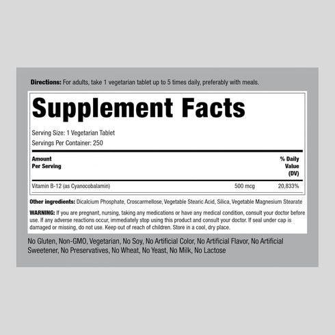 Piping Rock Vitamin B-12 | 500 mcg | 250 Tablets | Non-GMO, Gluten Free Supplement