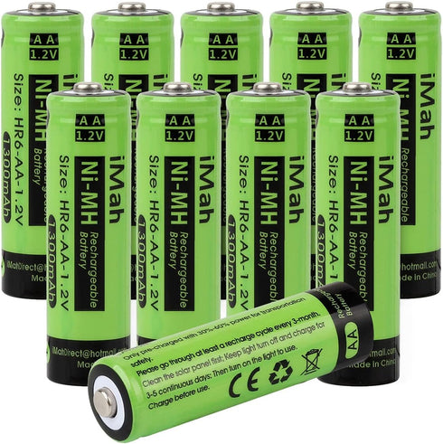 iMah 10-Pack AA Rechargeable Batteries 1.2V 1300mAh Ni-MH for Solar Lights, Garden Lamps, Remotes, Mice