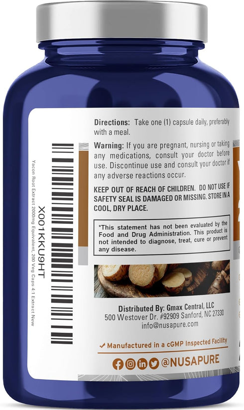 NusaPure Yacon Root Extract 2000mg - 200 Vegetarian Capsules (4:1 Extract, Non-GMO, Vegan)