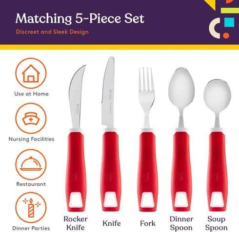 Special Supplies Adaptive Utensils Set, 5-Piece Non-Slip Handles for Hand Tremors, Arthritis, or Elderly Use