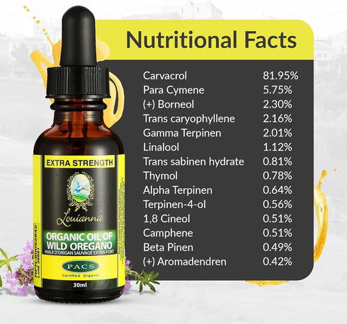 Louianna Organic Wild Oregano Oil Drops, Pure Oil of Oregano with 80% Carvacrol, 30 mL