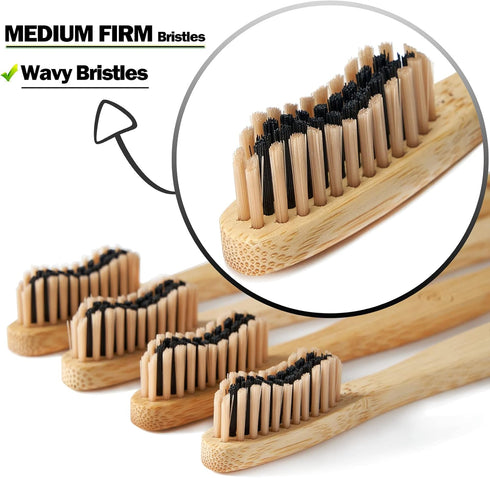 10 Count Bamboo Toothbrushes (Soft + Medium) - Charcoal Natural Wood Toothbrushes, Reusable
