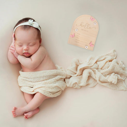 TERJIO Hello World Newborn Sign - Baby Announcement Sign for Baby Showers, Pink Butterfly Newborn Birth Announcement