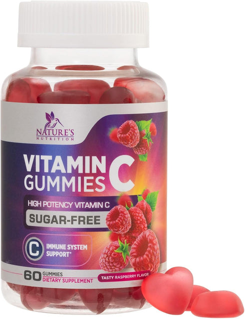 Zero Sugar Vitamin C Gummies - Immune Support & Antioxidant Dietary Supplement, Raspberry Flavor, 60 Count