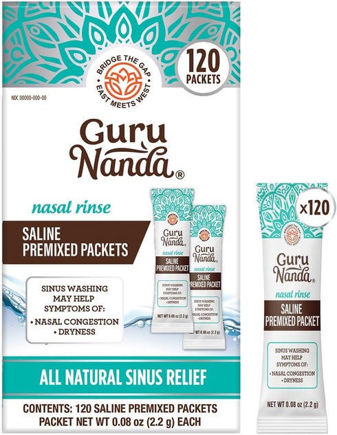 GuruNanda PreMixed Saline Packets for Nasal Rinse (120 Count), All Natural Sinus