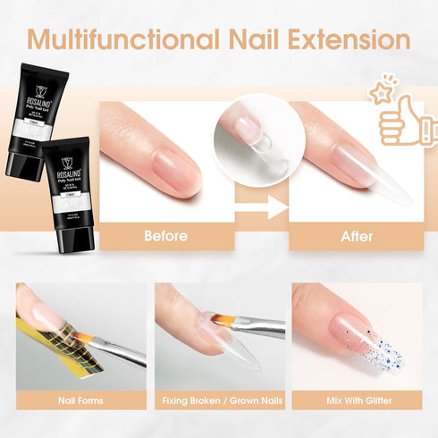 Rosalind Clear Acrylic Poly Extension Gel, 2-Pack 60ml Poly Nail Gel Kit for Thickening, Easy DIY Use with UV Lamp