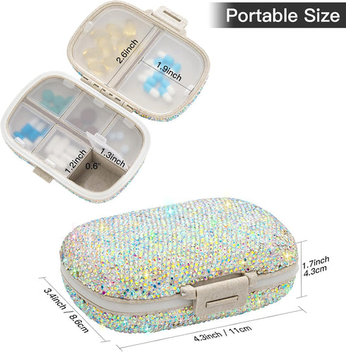 Soleebee Portable 8 Compartments Daily Pill Organizer, Bling Crystal Diamond Pill Box, Small Travel Medicine Container