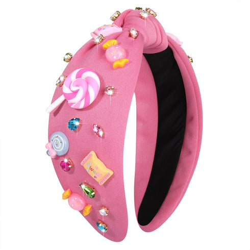 Knotted Headband for Women - Lollipop Candy Charms Crystal Jeweled Top Knot Hairband, Funny Gifts for Girls